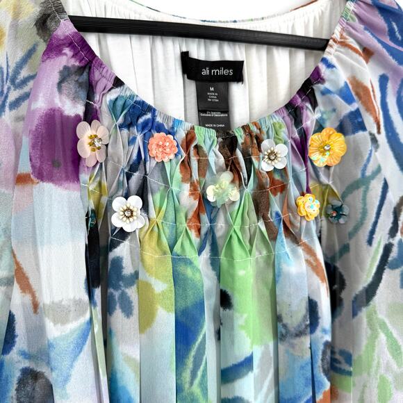 Ali Miles Sz Medium Wearable Art to Wear Floral Beaded Shirt Top Tropical Beach - Picture 4 of 10